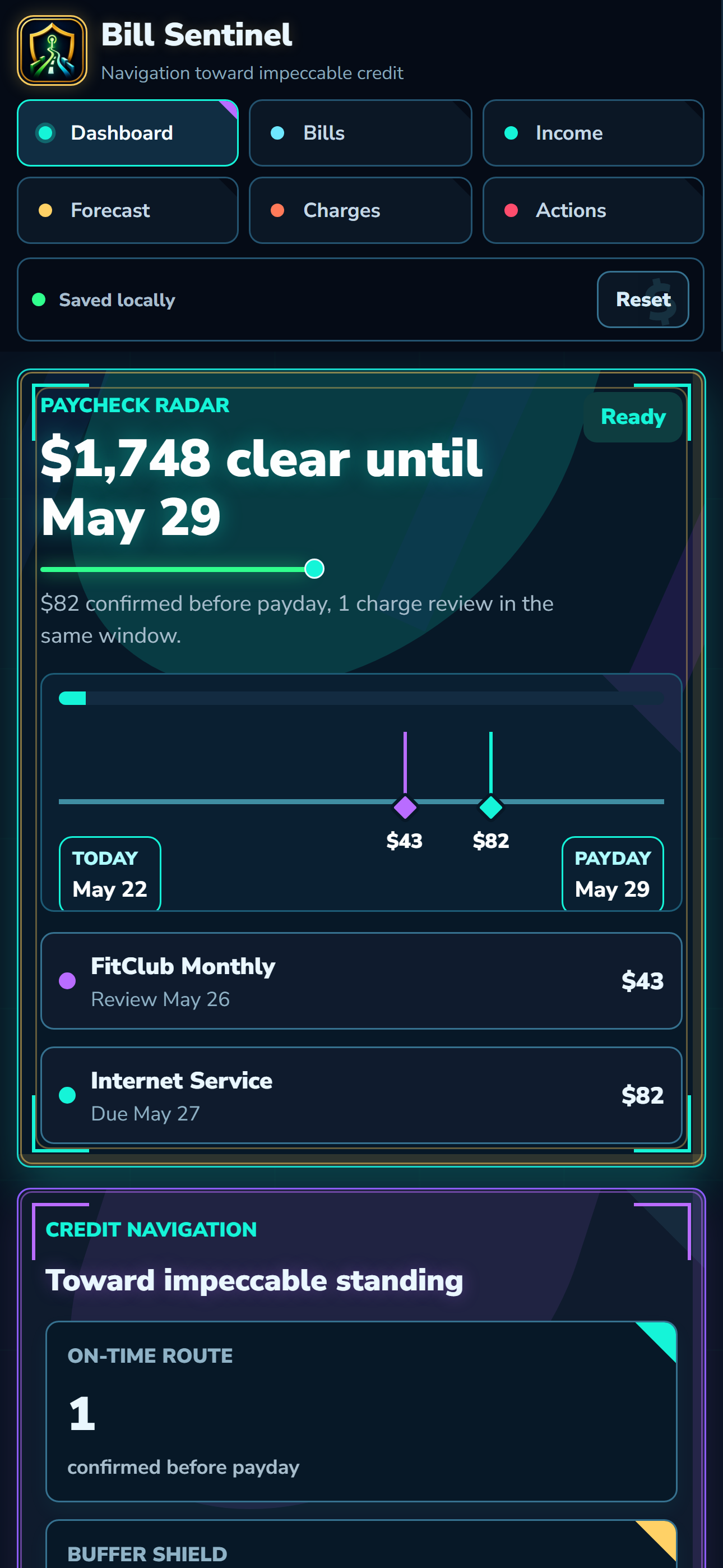 Bill Sentinel paycheck radar dashboard screenshot