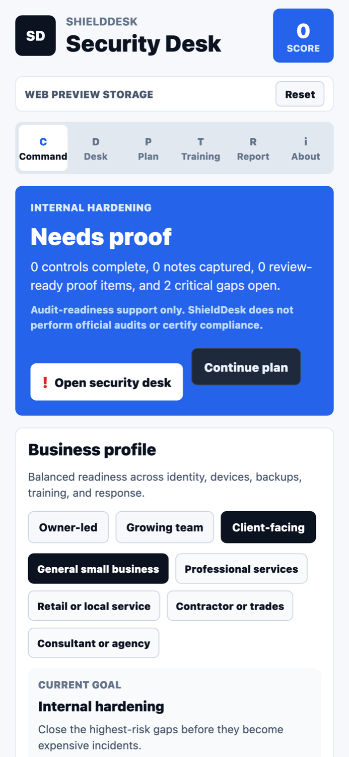 ShieldDesk security readiness dashboard screenshot